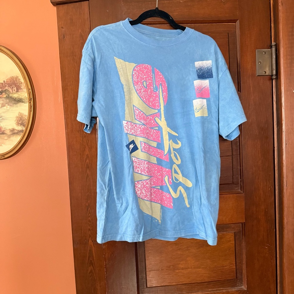 Vintage Nike Blue Tee with Pink and Yellow Graphics